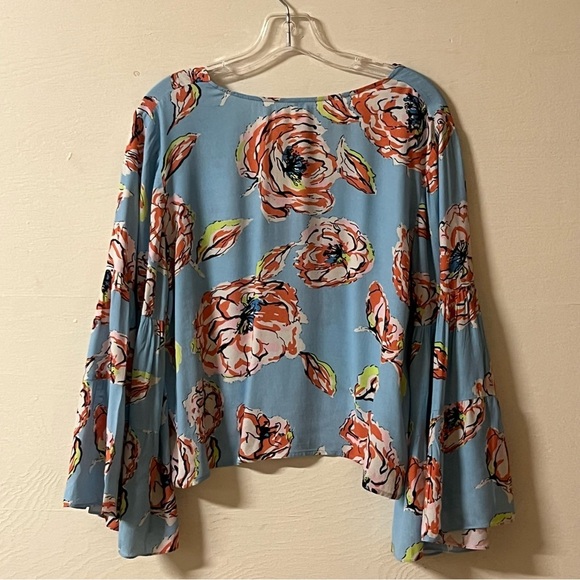 Anthropologie Plenty by Tracey Reese Blue Floral Bell Sleeve Top Boho Bohemian M - Picture 2 of 8